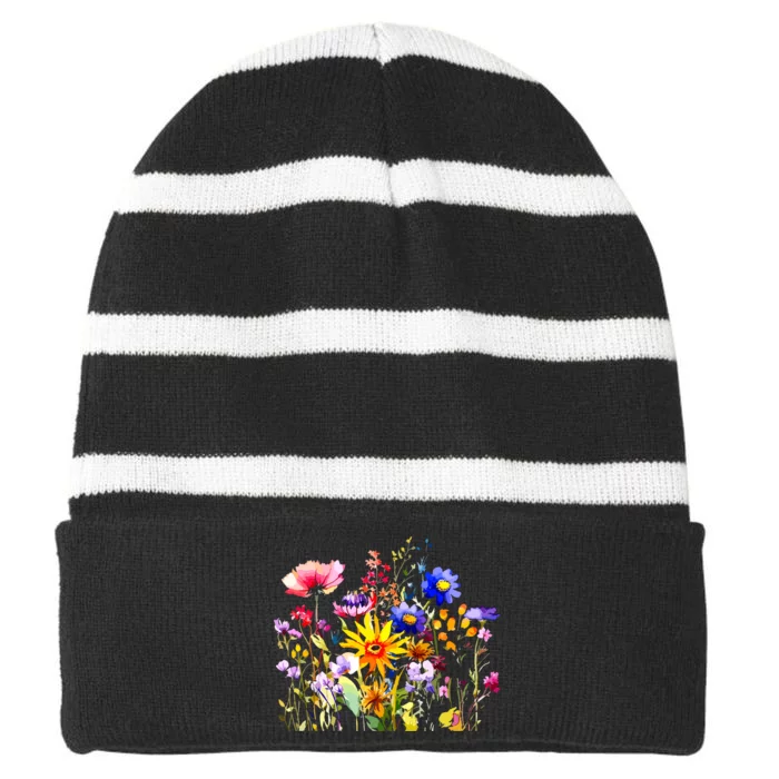 Women Wildflower Summer Flowers Blooming Floral Graphic Striped Beanie with Solid Band