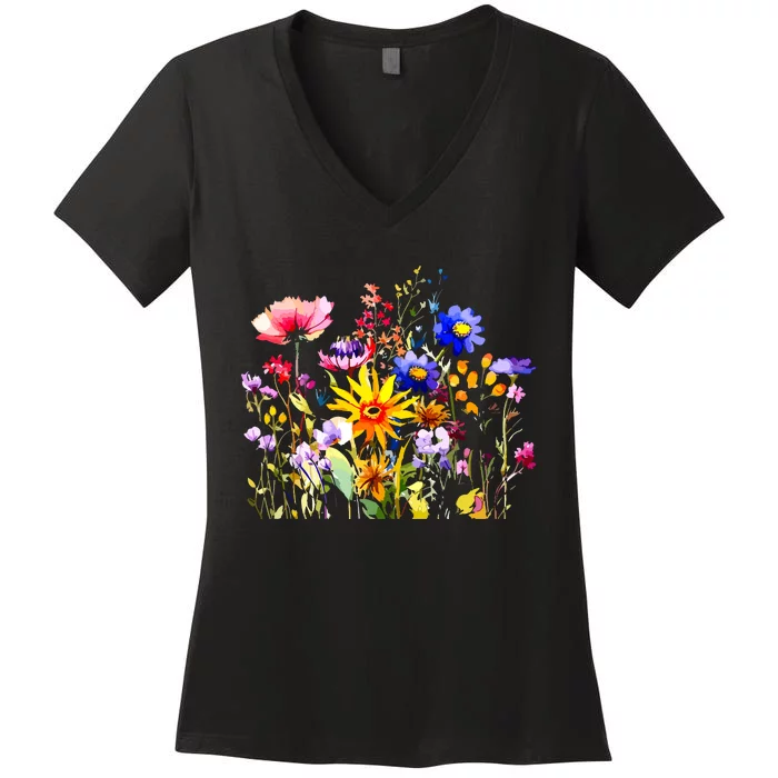 Women Wildflower Summer Flowers Blooming Floral Graphic Women's V-Neck T-Shirt