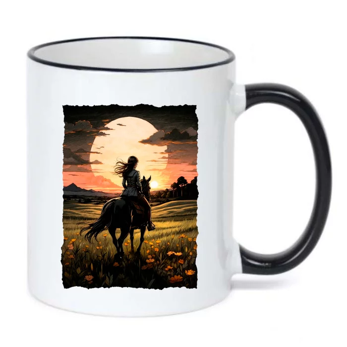 Wild West Sunset Rider Girl Black Color Changing Mug