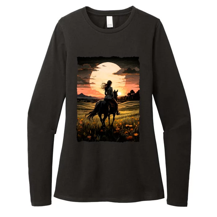 Wild West Sunset Rider Girl Womens CVC Long Sleeve Shirt