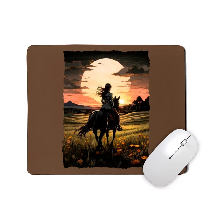 Wild West Sunset Rider Girl Mousepad