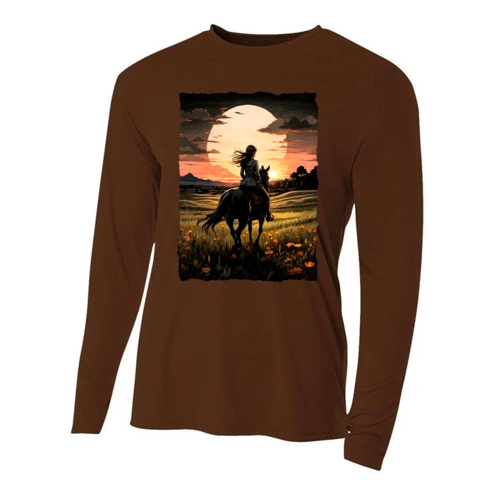 Wild West Sunset Rider Girl Cooling Performance Long Sleeve Crew