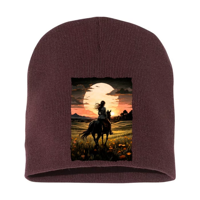 Wild West Sunset Rider Girl Short Acrylic Beanie