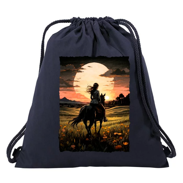 Wild West Sunset Rider Girl Drawstring Bag