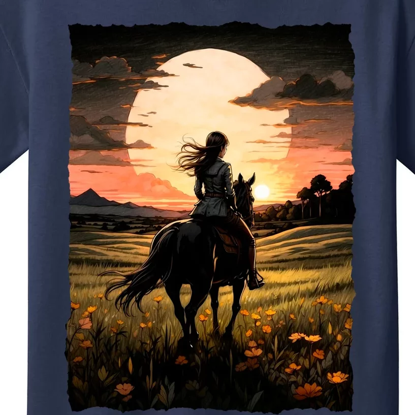 Wild West Sunset Rider Girl Kids T-Shirt