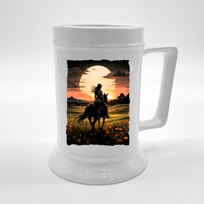 Wild West Sunset Rider Girl Front & Back Beer Stein