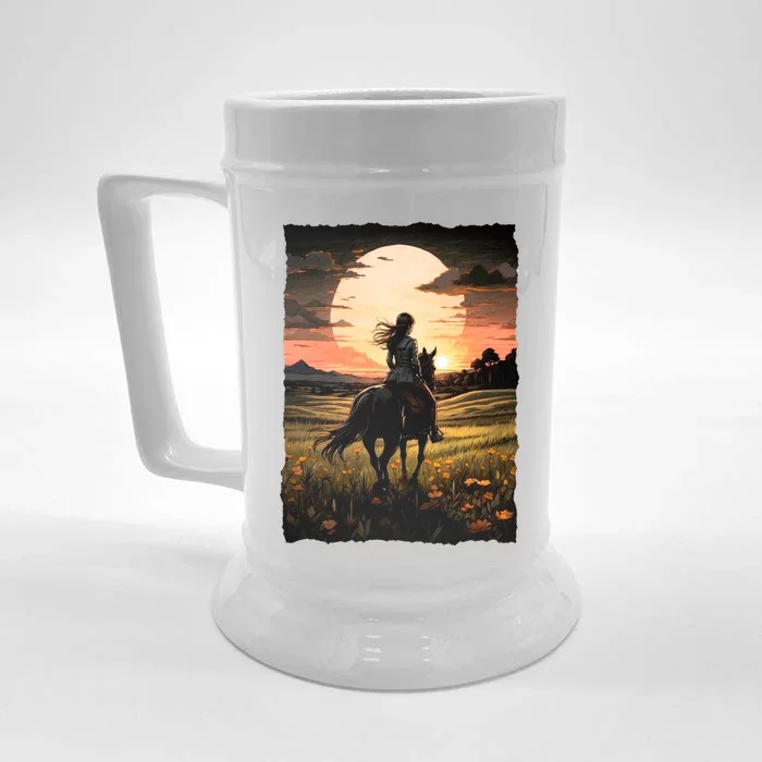 Wild West Sunset Rider Girl Front & Back Beer Stein