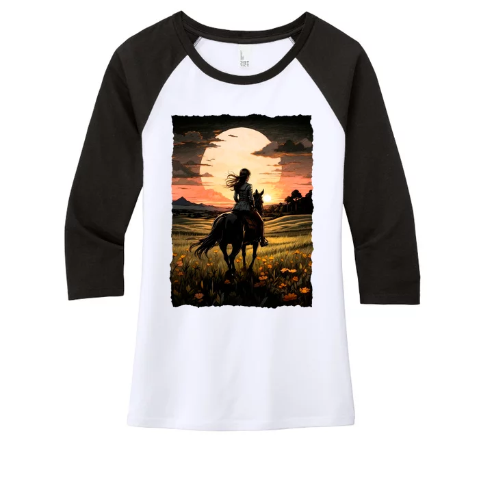 Wild West Sunset Rider Girl Women's Tri-Blend 3/4-Sleeve Raglan Shirt