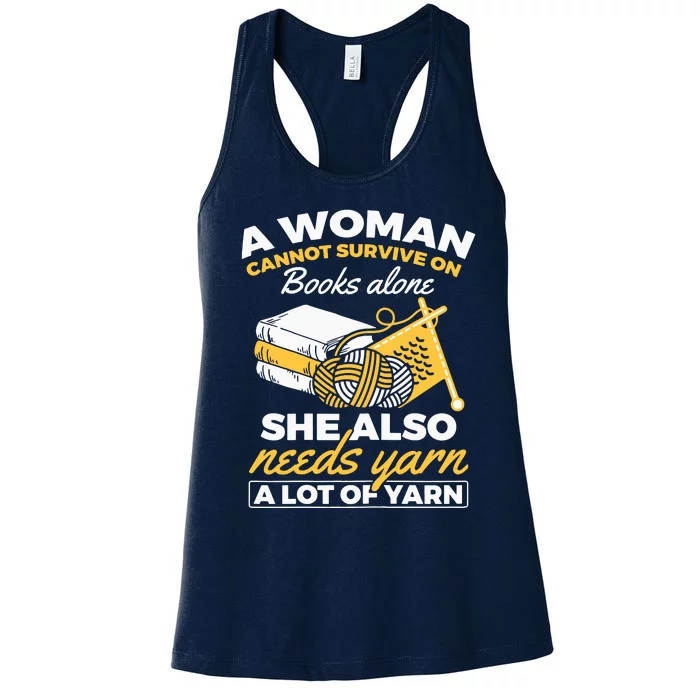 Womens Woman Survives On Books Yarn Knitting Crochet Women's Racerback Tank