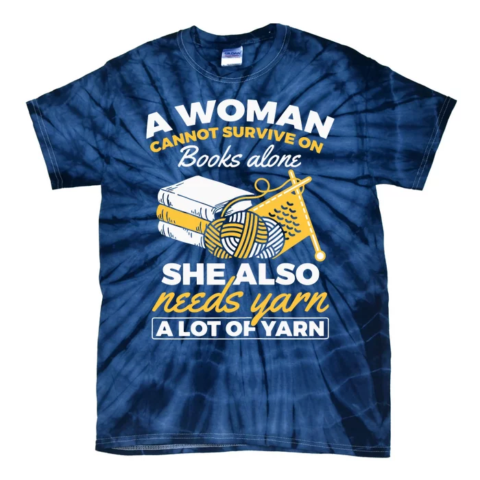 Womens Woman Survives On Books Yarn Knitting Crochet Tie-Dye T-Shirt