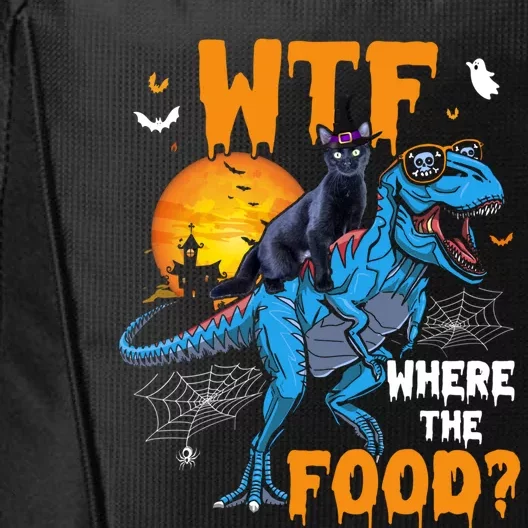 Wtf Where The Food Halloween Witch Cat Riding Trex Dinosaur Gift City Backpack