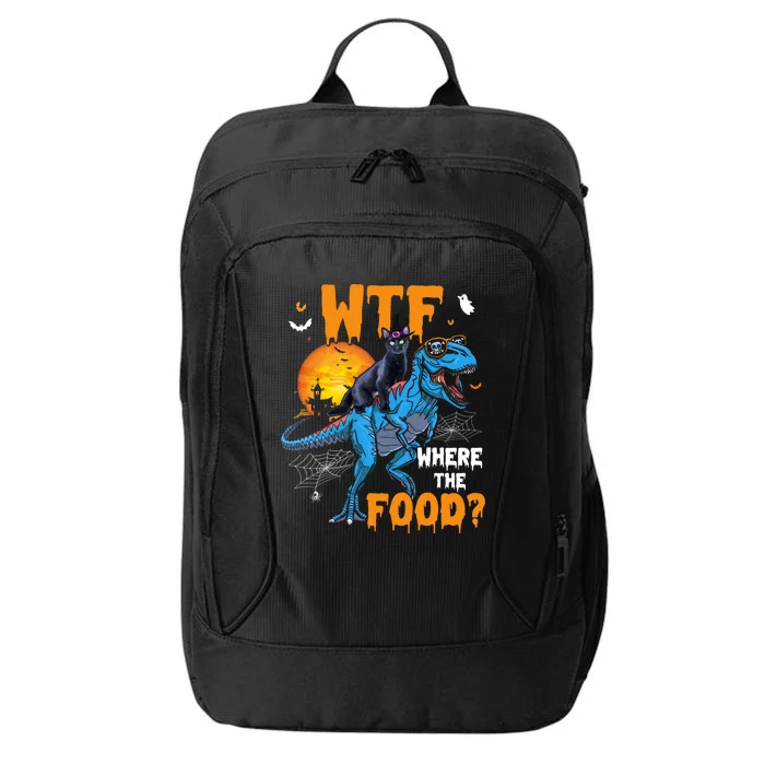 Wtf Where The Food Halloween Witch Cat Riding Trex Dinosaur Gift City Backpack