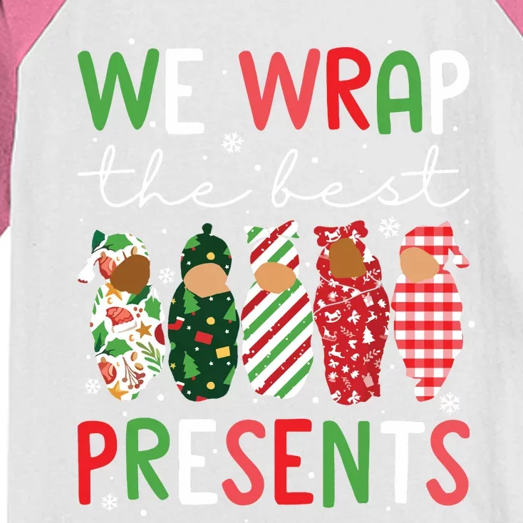 We Wrap The Best Presents L D Nicu Mother Baby Nurse Xmas Kids Colorblock Raglan Jersey