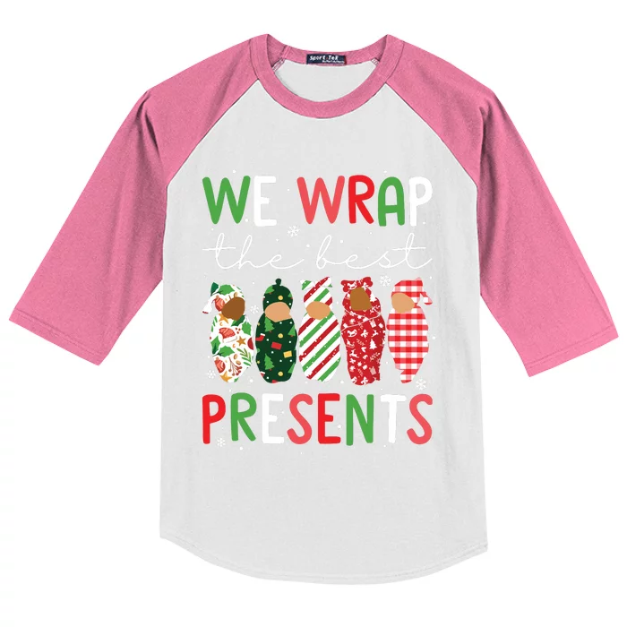 We Wrap The Best Presents L D Nicu Mother Baby Nurse Xmas Kids Colorblock Raglan Jersey