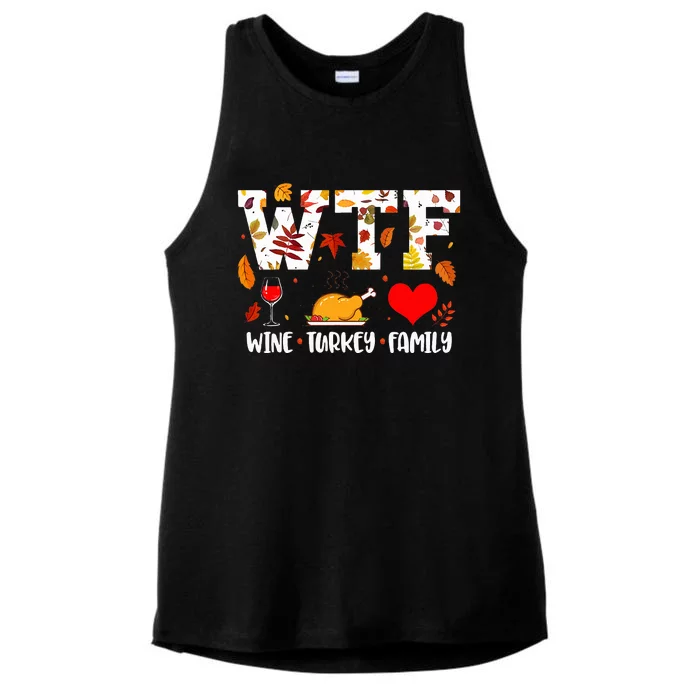 WTF Wine Turkey Family Funny Thanksgiving Day Ladies Tri-Blend Wicking Tank