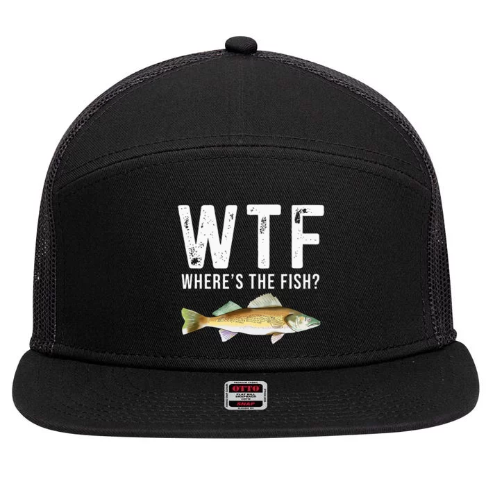 WTF Wheres The Fish Walleye Pike Funny Fishing Gifts 7 Panel Mesh Trucker Snapback Hat