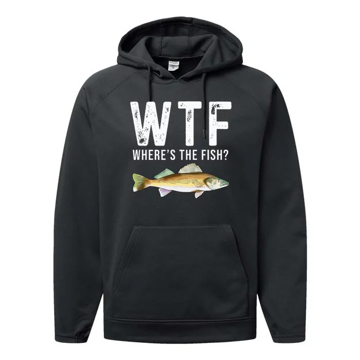 WTF Wheres The Fish Walleye Pike Funny Fishing Gifts Performance Fleece Hoodie