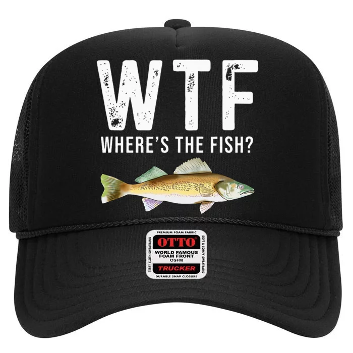 WTF Wheres The Fish Walleye Pike Funny Fishing Gifts High Crown Mesh Trucker Hat