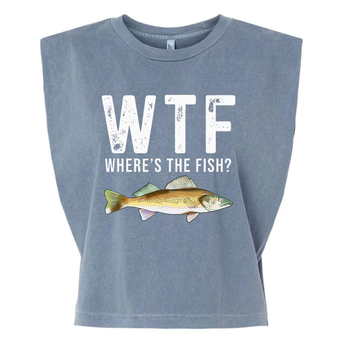 WTF Wheres The Fish Walleye Pike Funny Fishing Gifts Garment-Dyed Women's Muscle Tee