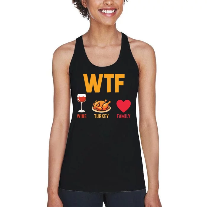 WTF Wine Turkey Family Shirt Funny Thanksgiving Day Women's Racerback Tank