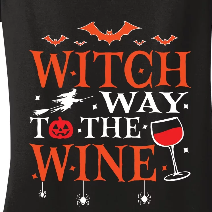 Witch Way To The Wine Drinking Halloween Funny Women's V-Neck T-Shirt