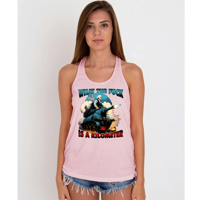 WTF What The Fuck Is A Kilometer George Washington Funny Women's Knotted Racerback Tank