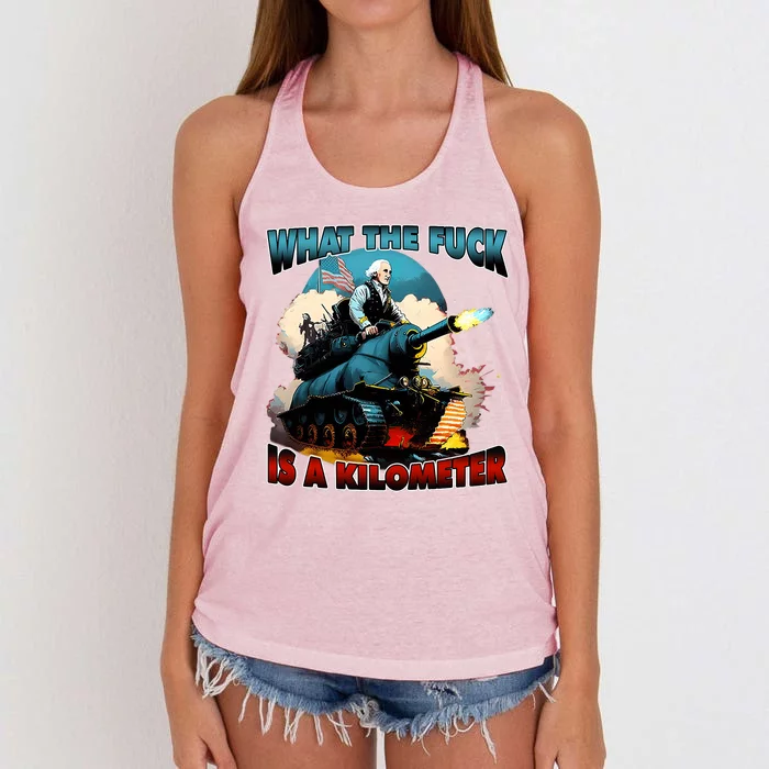 WTF What The Fuck Is A Kilometer George Washington Funny Women's Knotted Racerback Tank