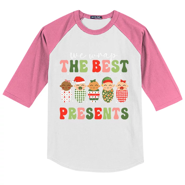 We Wrap The Best Presents Nicu Nurse Mother Baby Christmas Kids Colorblock Raglan Jersey