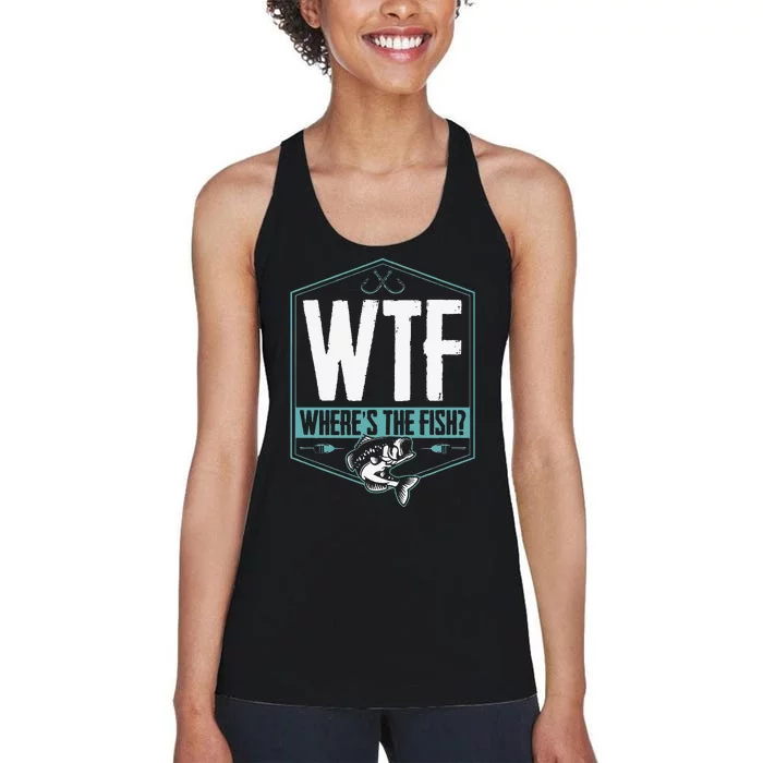 WTF Wheres The Fish Funny Fishing Joke Hook Lure Bass Women's Racerback Tank