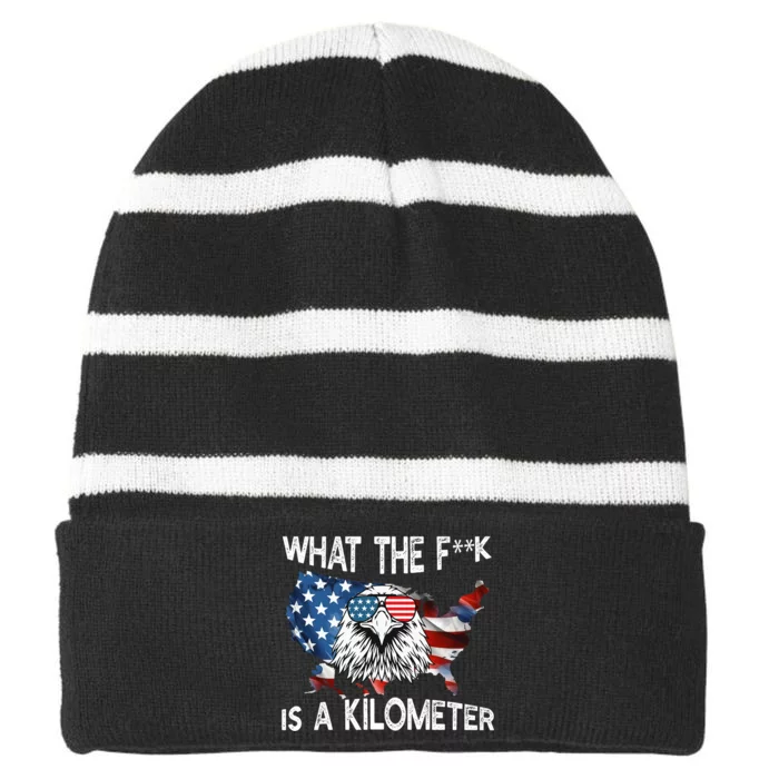 Wtf What The Fuck Is A Kilometer George Washington July 4th Funny Design Striped Beanie with Solid Band