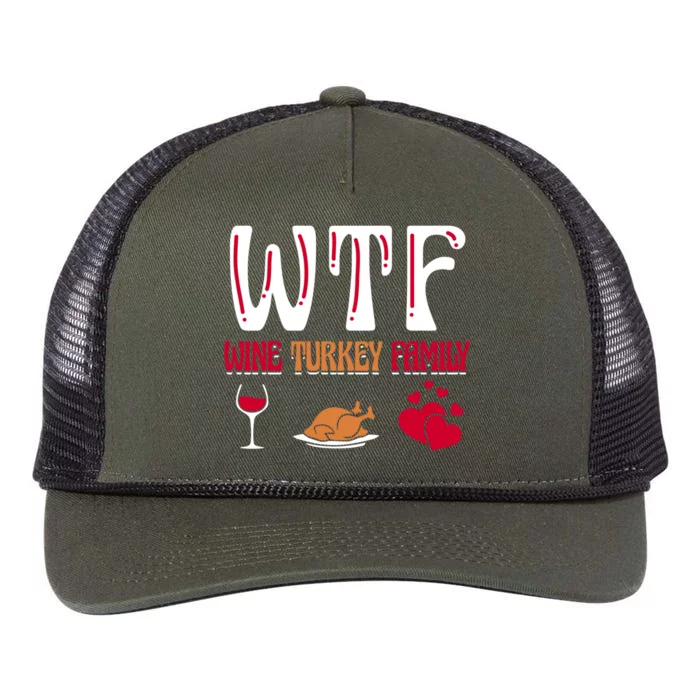 Wtf Wine Turkey Family Funny Thanksgiving Day Retro Rope Trucker Hat Cap