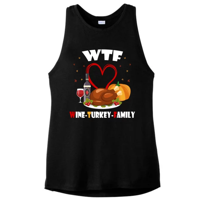 WTF Wine Turkey Family Thanksgiving Ladies Tri-Blend Wicking Tank