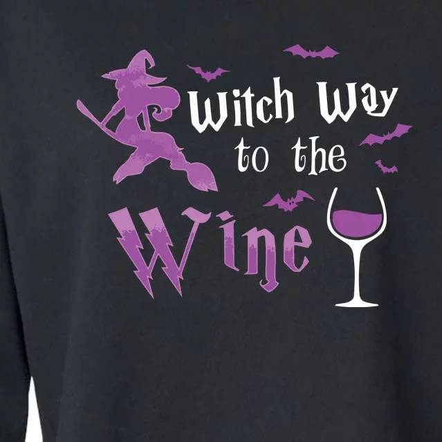 Witch Way To The Wine Funny Drinking Party Halloween Graphic Long Sleeve Cropped Pullover Crew