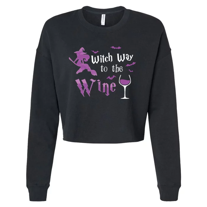 Witch Way To The Wine Funny Drinking Party Halloween Graphic Long Sleeve Cropped Pullover Crew