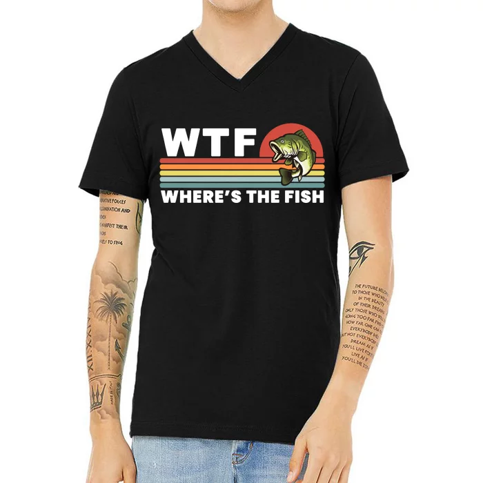 WTF Where's The Fish Funny Fisherman V-Neck T-Shirt