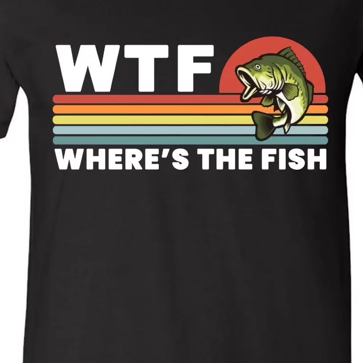 WTF Where's The Fish Funny Fisherman V-Neck T-Shirt