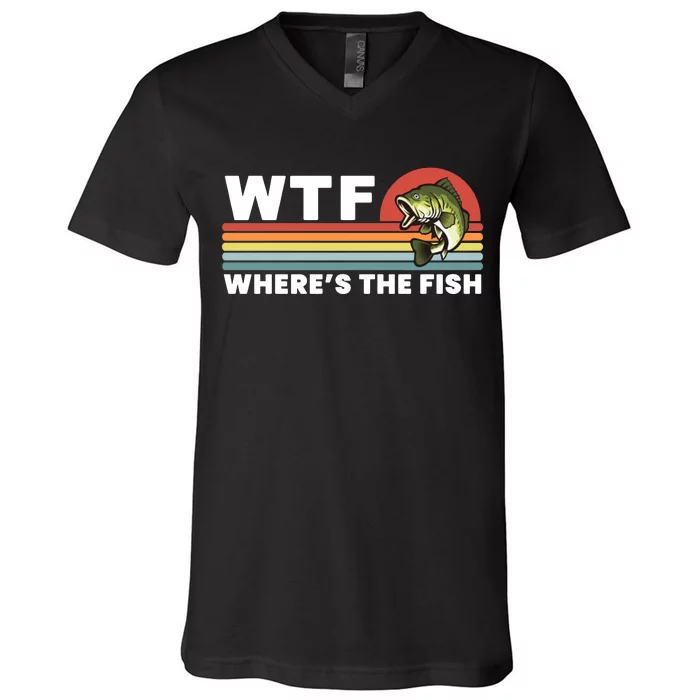 WTF Where's The Fish Funny Fisherman V-Neck T-Shirt