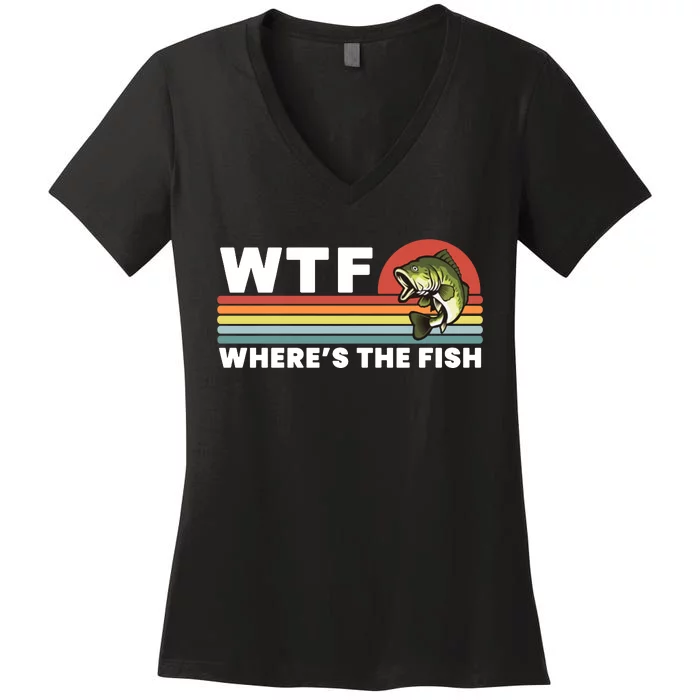 WTF Where's The Fish Funny Fisherman Women's V-Neck T-Shirt