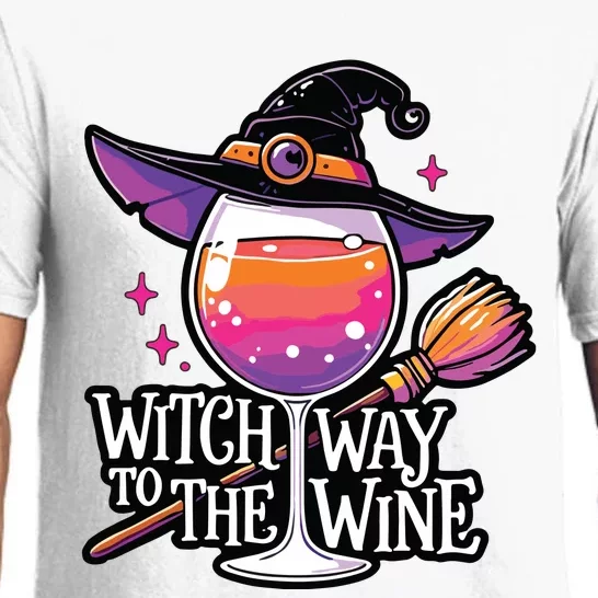 Witch Way To The Wine Halloween Witch Hat And Wine Glass Long Sleeve Pajama Set