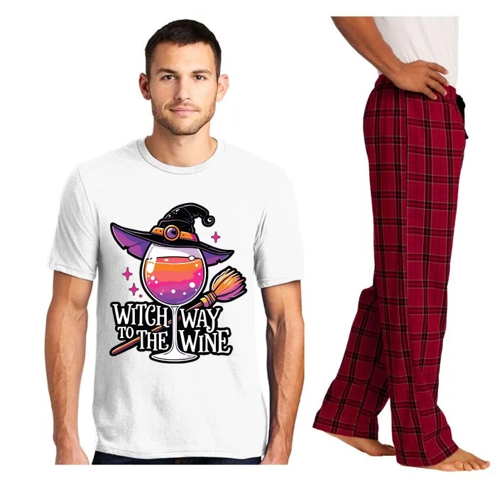 Witch Way To The Wine Halloween Witch Hat And Wine Glass Long Sleeve Pajama Set