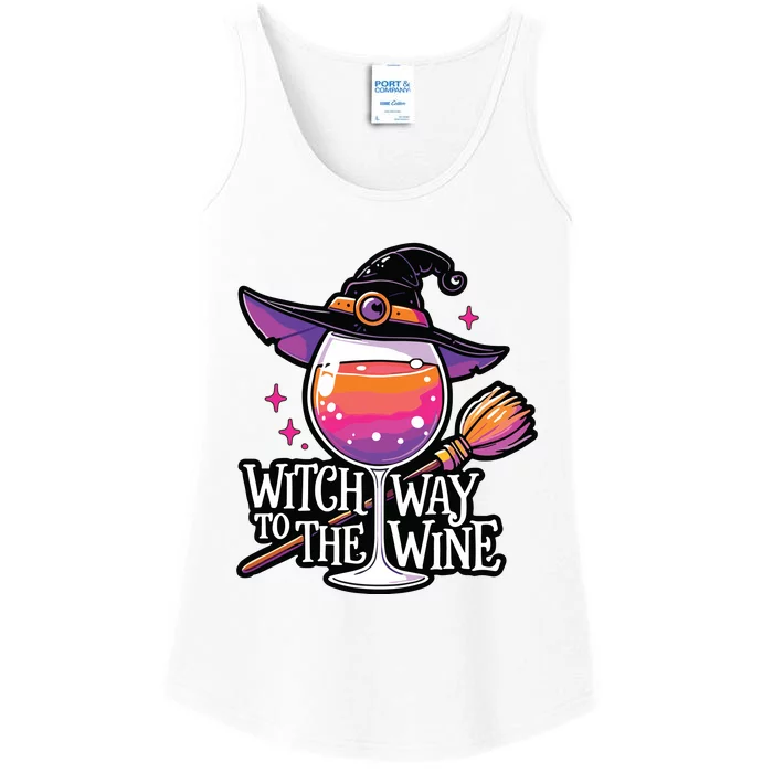 Witch Way To The Wine Halloween Witch Hat And Wine Glass Long Sleeve Ladies Essential Tank