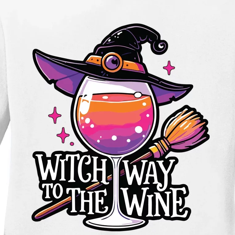 Witch Way To The Wine Halloween Witch Hat And Wine Glass Long Sleeve Ladies Long Sleeve Shirt