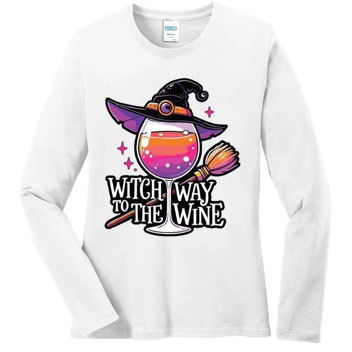 Witch Way To The Wine Halloween Witch Hat And Wine Glass Long Sleeve Ladies Long Sleeve Shirt