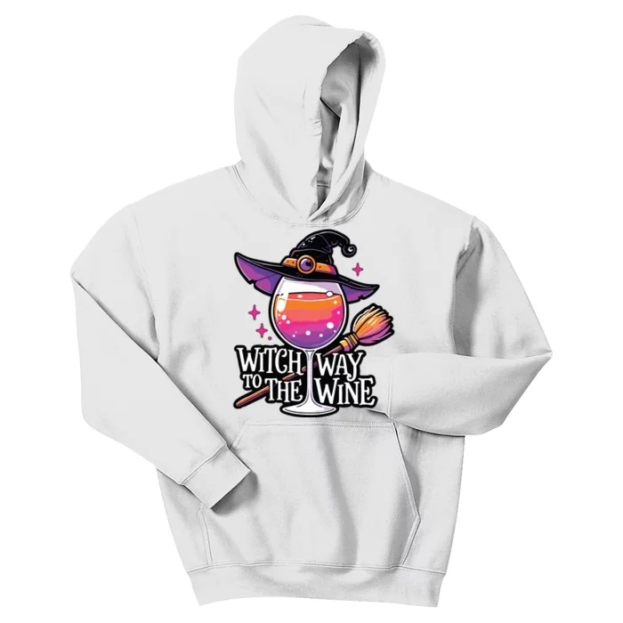 Witch Way To The Wine Halloween Witch Hat And Wine Glass Long Sleeve Kids Hoodie