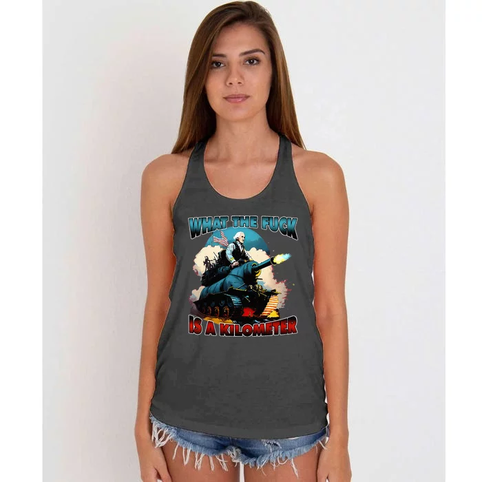 WTF What The Fuck Is A Kilometer George Washington Funny Women's Knotted Racerback Tank