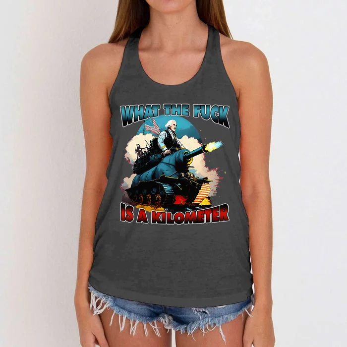 WTF What The Fuck Is A Kilometer George Washington Funny Women's Knotted Racerback Tank