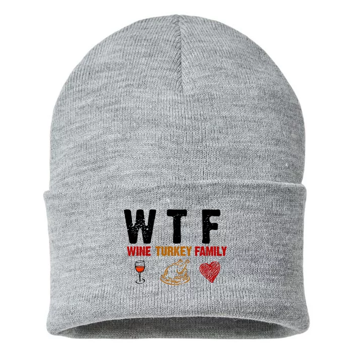 WTF Wine Turkey Family Thanksgiving Dinner Sustainable Knit Beanie