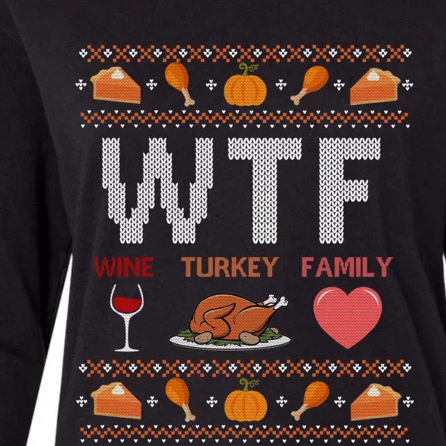 Wtf Wine Turkey Family Thanksgiving Ugly Christmas Ornats Gift Womens Cotton Relaxed Long Sleeve T-Shirt