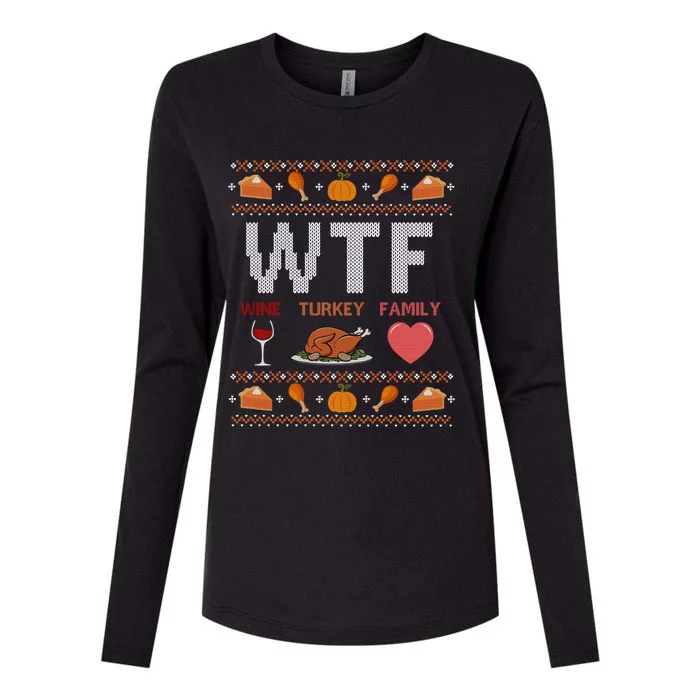 Wtf Wine Turkey Family Thanksgiving Ugly Christmas Ornats Gift Womens Cotton Relaxed Long Sleeve T-Shirt