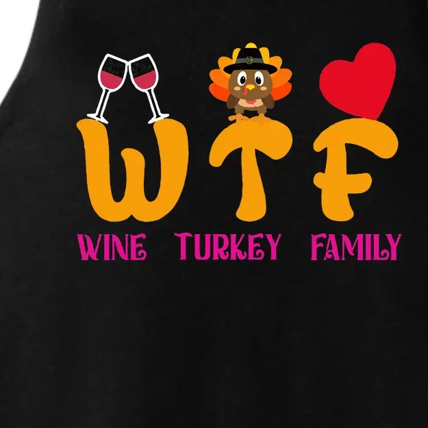 WTF Wine Turkey Family Funny Thanksgiving Ladies Tri-Blend Wicking Tank